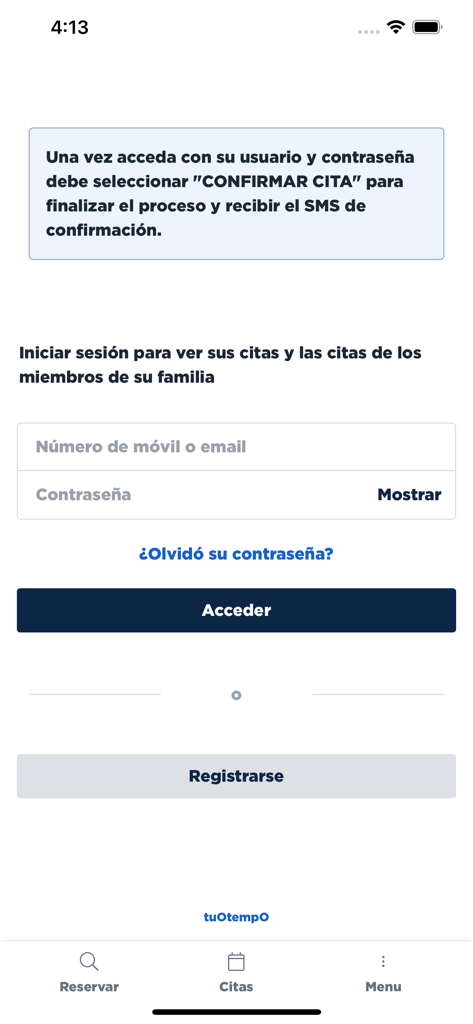 Pantalla de inicio de sesión y registro para la aplicación de citas médicas Hospitales Parque