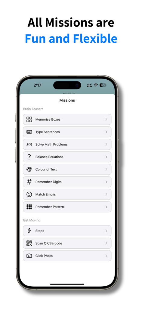ProAlarm: Mission Alarm Clock - ProAlarm app interface showing a list of wake up missions including brain teasers and physical activities