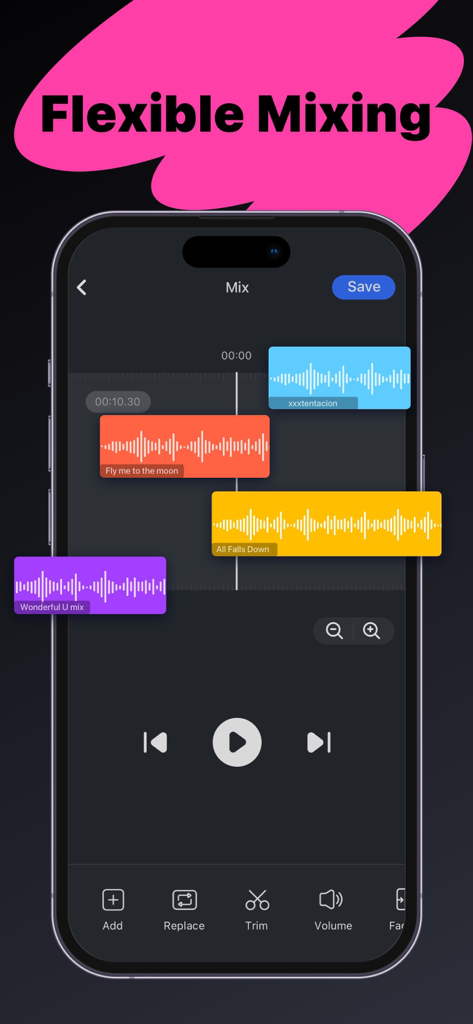 iPhone screen displaying the multi track audio mixing feature with colorful waveforms in the Music Editor app