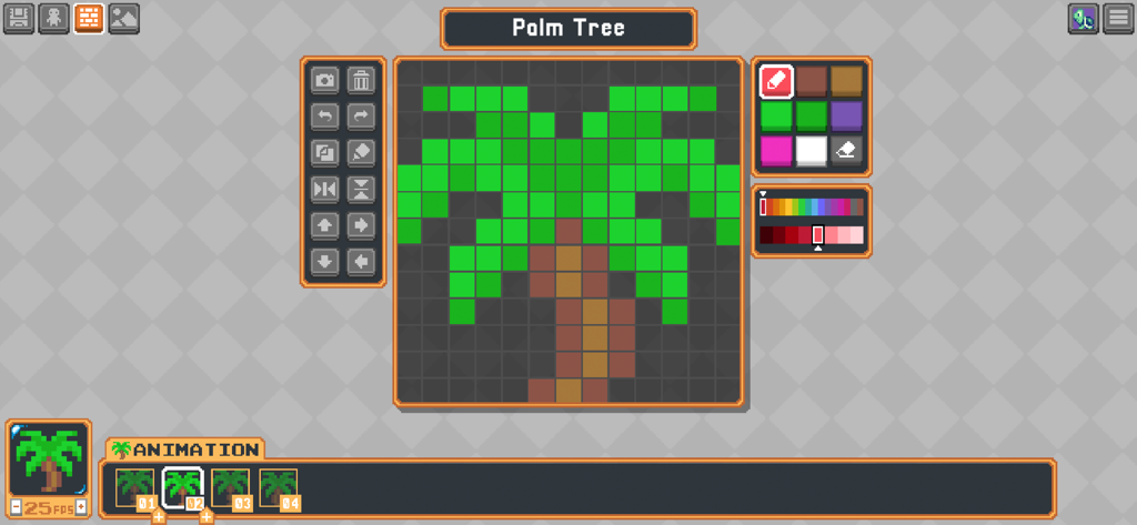 Pixel art editor interface in Bloxels showing a palm tree design and animation timeline