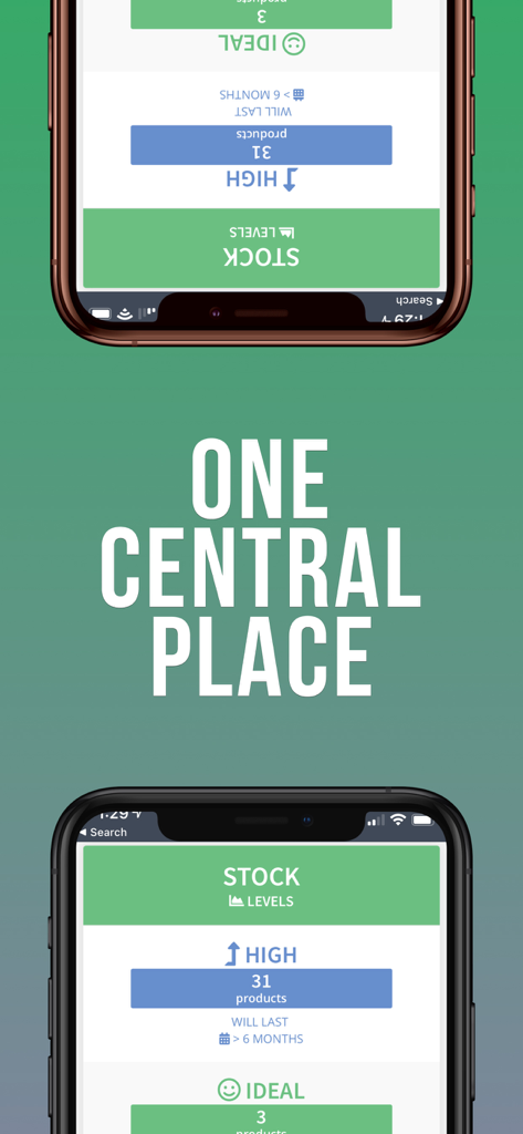 Interfaccia dell'app Shopkeeper che mostra i livelli di scorte di inventario FBA Amazon e un dashboard di gestione centrale.