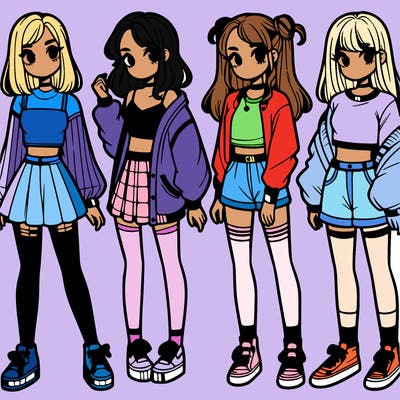 one girl with crop-top shirt and a jacket with a skirt, long socks and another girl with a shirt and pants with a jacket