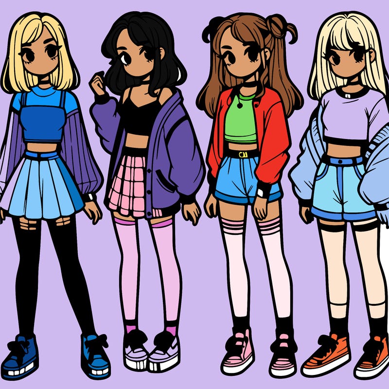 one girl with crop-top shirt and a jacket with a skirt, long socks and another girl with a shirt and pants with a jacket