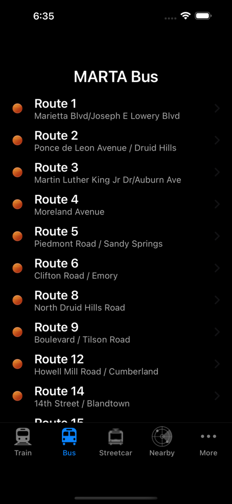 MARTA On the Go - A list of Atlanta MARTA bus routes and destinations displayed within the MARTA On the Go mobile application.