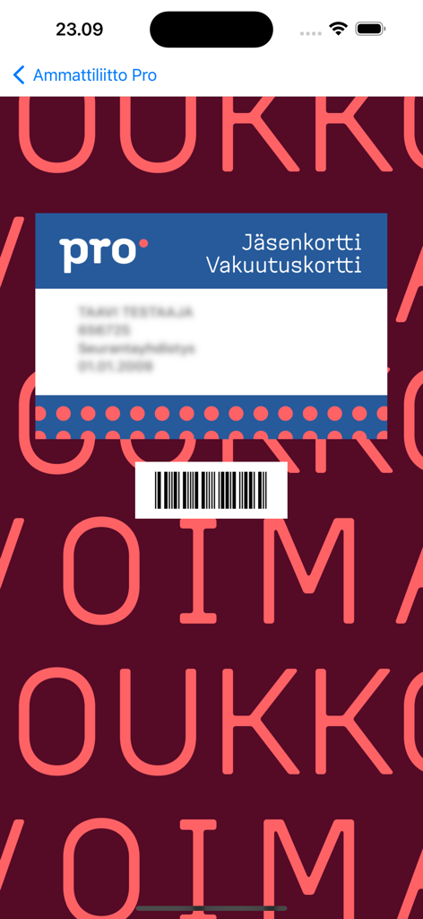 Ammattiliitto Pro - Digital membership and insurance card display in the Ammattiliitto Pro app