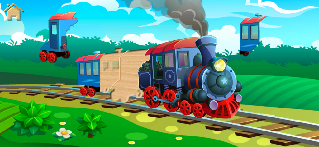 Car Puzzle for Toddlers & Kids - Un rompecabezas de tren de vapor para niños con piezas flotantes y una silueta de madera sobre un paisaje colorido.