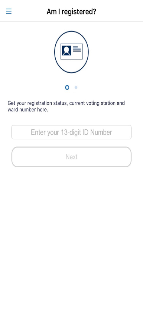 Tela de verificação de status de registro no aplicativo móvel IEC South Africa