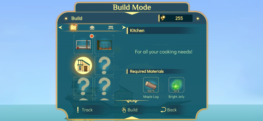 Build mode menu in Spiritfarer Netflix Edition showing kitchen crafting requirements