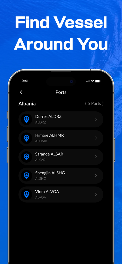 Una interfaz móvil de la aplicación Vessel Finder que muestra una lista de puertos en Albania, incluidos Durrës y Vlorë.