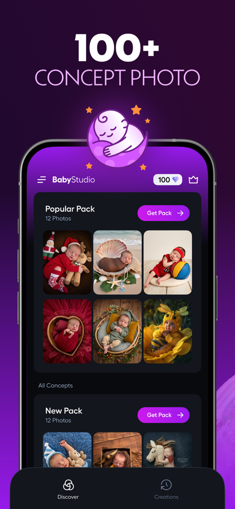 クリスマスやビーチシーンなどのテーマ別AI生成ベビーフォトコンセプトの様々なコレクションを表示するモバイルアプリインターフェース