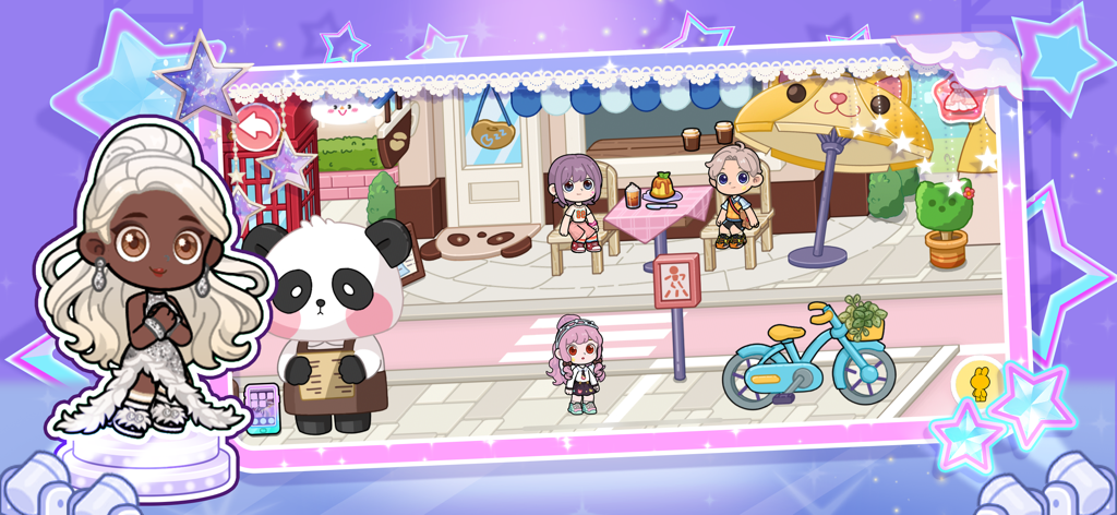 A colorful street scene in Sparkle City featuring fashionable chibi characters and a panda waiter near a cafe.