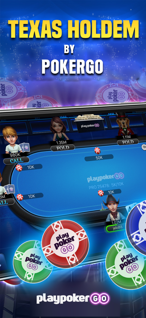 PlayPokerGO - Texas Hold’em - PlayPokerGO Texas Hold'em mobile game interface showing an online poker table with avatars and chips.