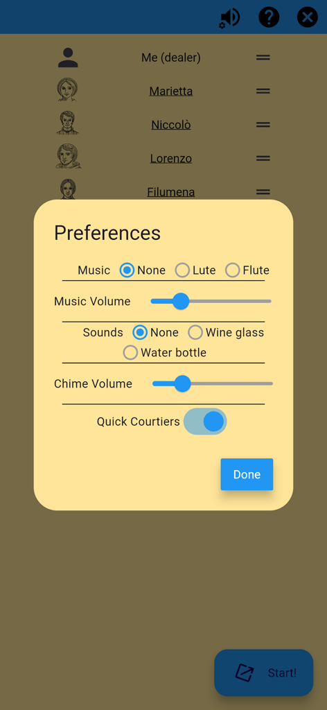 Machiavelli Card Game - The preferences menu of the Machiavelli Card Game showing audio settings for music and sound effects including lute and flute options.