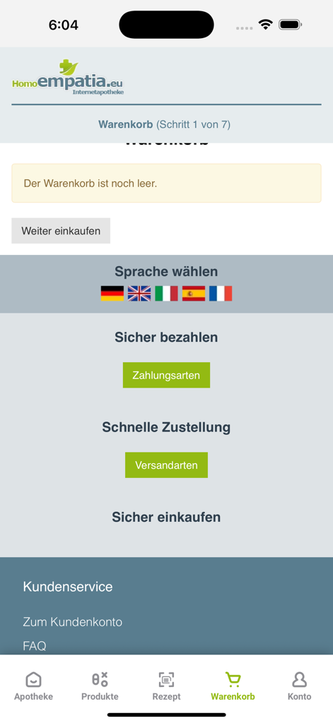 homoempatia.eu - Empty shopping cart screen of the homoempatia German pharmacy app showing language and payment options