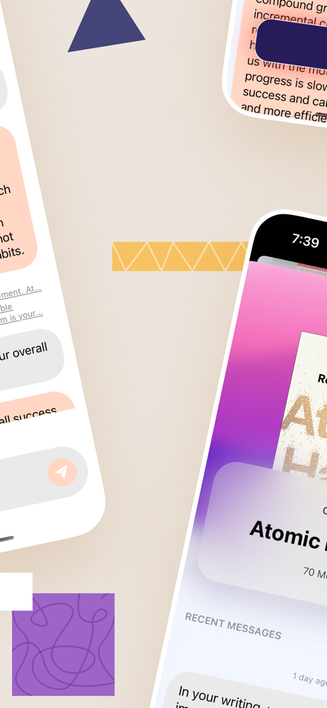 ChatPDF - AI Chat with any PDF - ChatPDFアプリのモバイルインターフェース。Atomic Habitsという本に関するAIチャットが表示されています。