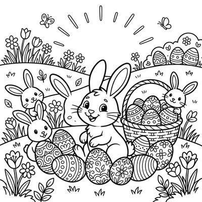 Embrace the joy of spring with this delightful Easter coloring page, featuring adorable bunnies and beautifully patterned eggs bathed in a golden hour glow. Perfect for celebrating the season with a relaxing and creative activity.