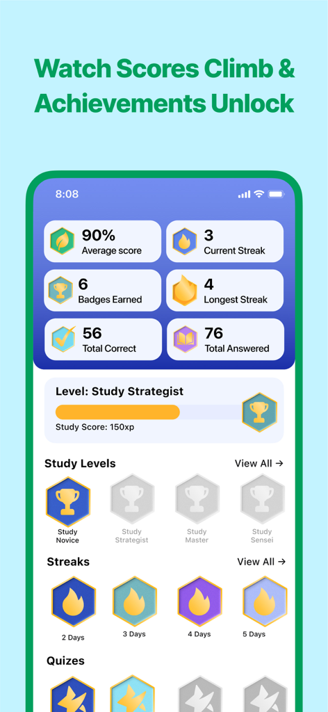 NCE Exam Prep 2026 | EZPrep - Dashboard der NCE Exam Prep App mit Lernpunktzahlen, Serien und Abzeichen für Erfolge