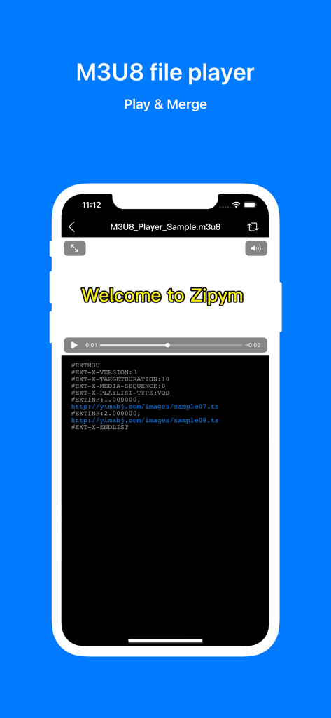 Zipym Lite mobile interface showing the M3U8 file player with playlist source code and video playback controls