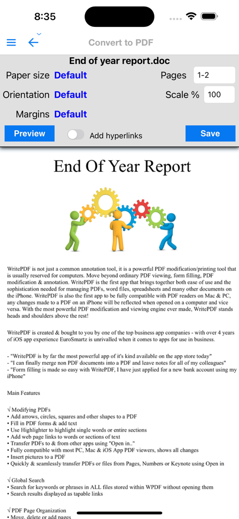 WritePDF iPhoneアプリの画面。用紙サイズと余白の設定で「年末報告書」というタイトルのドキュメントをPDFに変換するオプションが表示されています。
