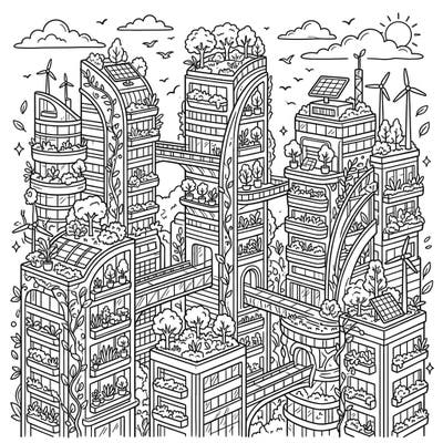 Step into a world where nature meets innovation with our Green Skyscrapers coloring page. Discover intricate eco-friendly architecture, vertical gardens, and renewable energy solutions awaiting your creative touch.