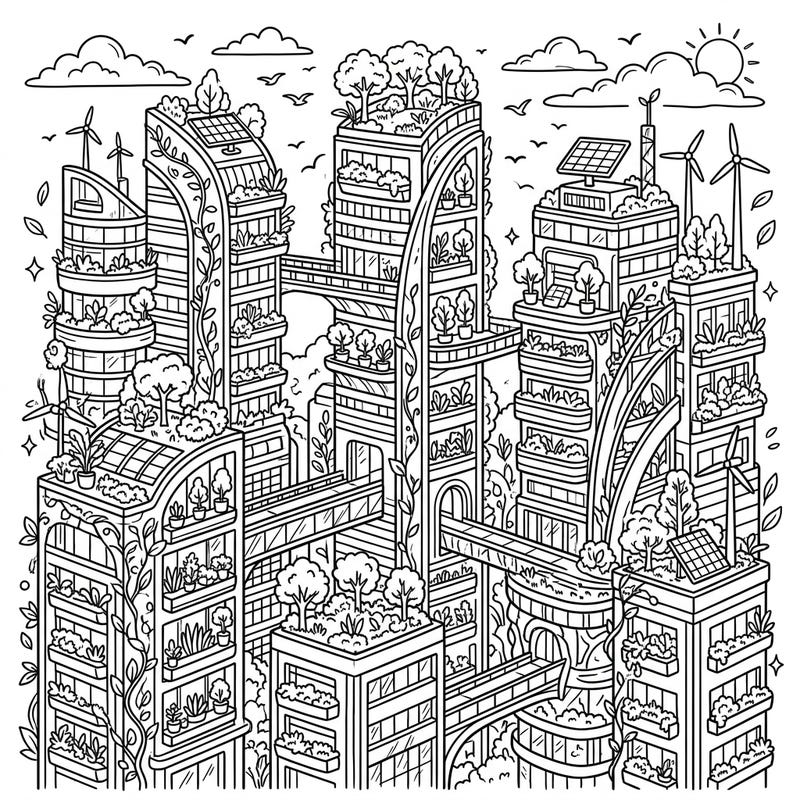 Step into a world where nature meets innovation with our Green Skyscrapers coloring page. Discover intricate eco-friendly architecture, vertical gardens, and renewable energy solutions awaiting your creative touch.