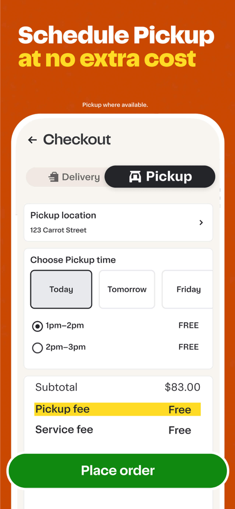 Instacart: Groceries & Food - Instacart app checkout screen showing free pickup scheduling options