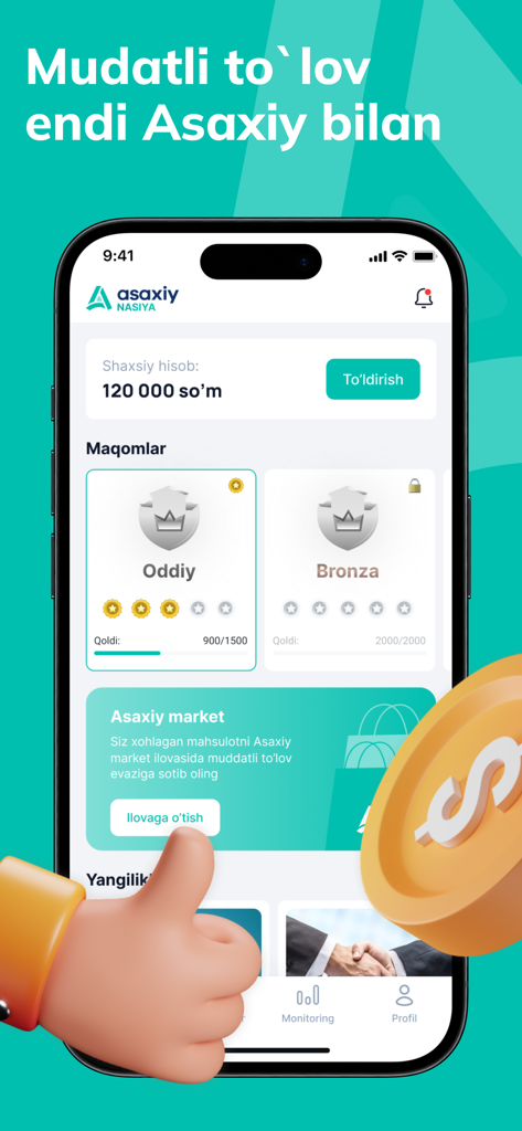Asaxiy Nasiya mobile app interface showing user balance and installment payment status levels.