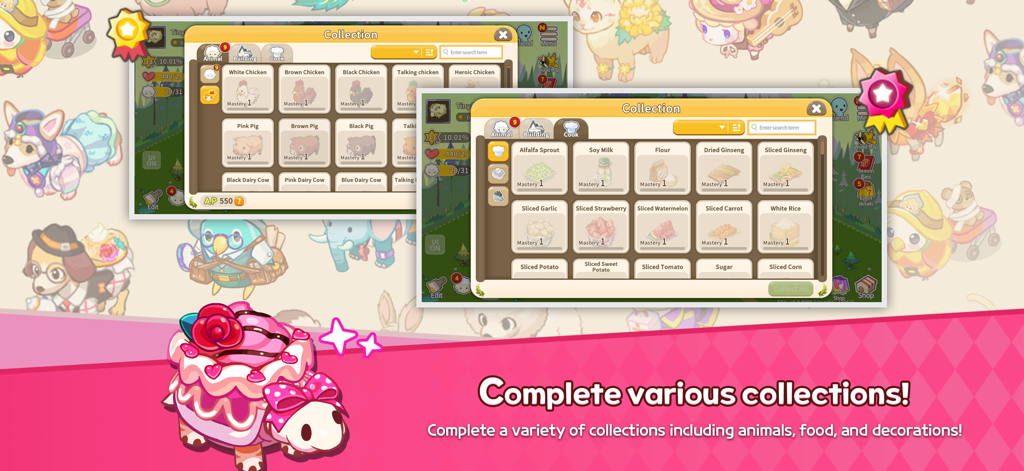 In-game collection menu showing various animals and food items to unlock in Tiny Farm Remastered