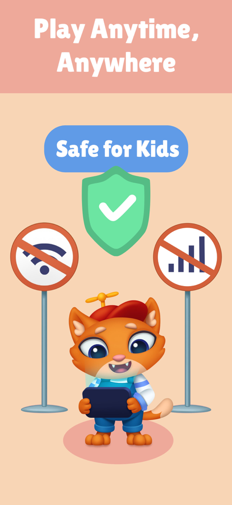 Interfaccia dell'app educativa che mostra funzionalità di gioco offline e sicure per i bambini con un personaggio di gatto cartone animato