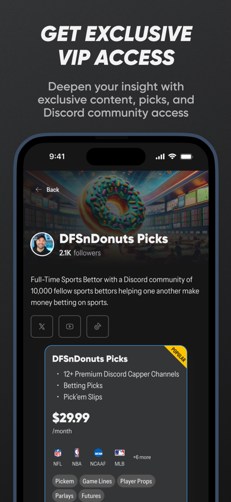 Mobile screen showing exclusive VIP access and subscription options for expert sports betting picks in the Tails app.