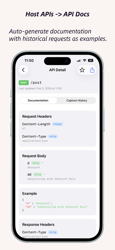 ApiCatcher - Capture HTTPS - Screenshot of the ApiCatcher app interface showing automatically generated API documentation with request headers and body examples