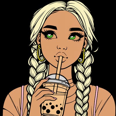 realistic girl with braided hair drinking boba