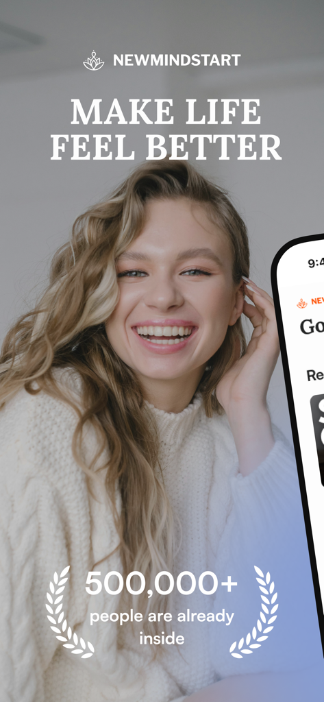 Eine lächelnde Frau auf dem Startbildschirm der NewMindStart-App mit dem Text Make Life Feel Better und der Anzeige von über fünfhunderttausend Mitgliedern