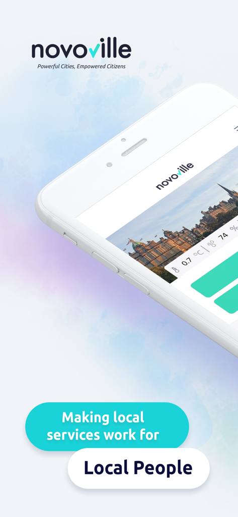 Ein Smartphone, das die Novoville-App mit dem Slogan "Making local services work for Local People" anzeigt.