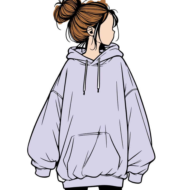 realistic girl with a oversized sweatshirt on and a bun