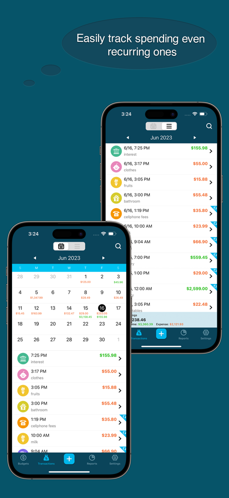 Best Budget Pro app interface on iPhone showing calendar and list views for tracking daily expenses
