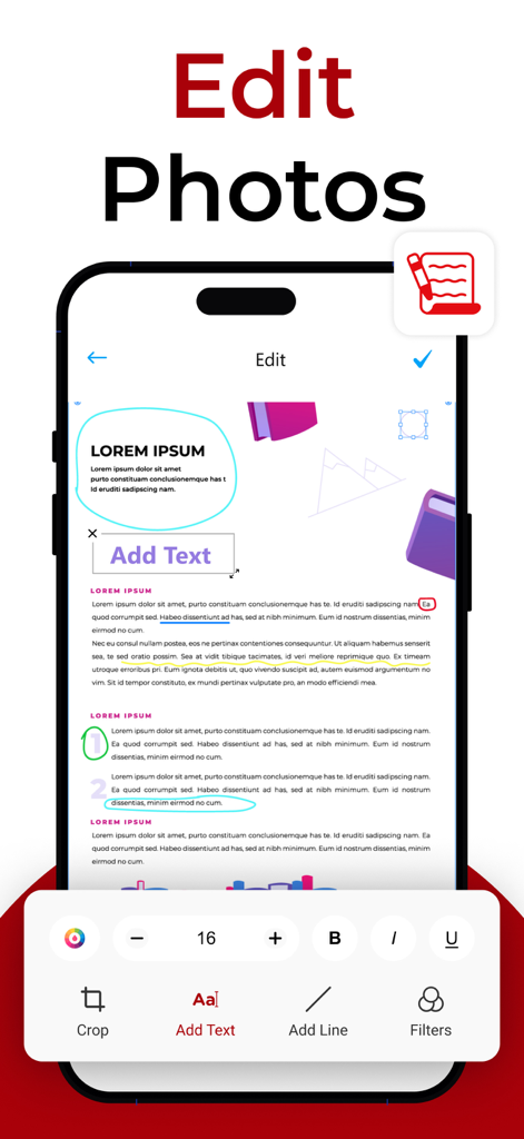 텍스트 추가 및 줄 추가와 같은 사진 편집 도구를 보여주는 사진을 PDF로 앱의 인터페이스.