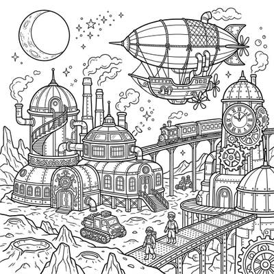 Embark on an epic coloring adventure with this detailed Steampunk Space Colony scene. Discover intricate Victorian-futuristic architecture, airships, and explorers on an alien landscape, ready for your creative touch.