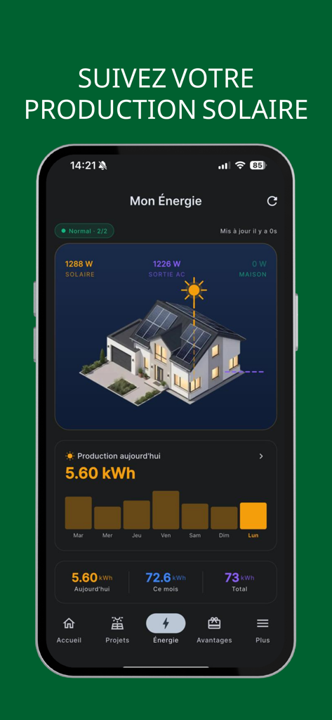 Grubbs Energy - Smartphone screen showing the Grubbs Energy app dashboard with real-time solar energy production and consumption data
