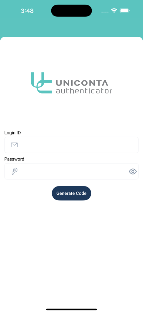 Uniconta Authenticator - Login screen for the Uniconta Authenticator app with fields for Login ID and Password and a button to generate a code.