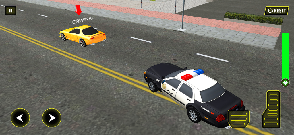 Police Car Chase Escape Game - Un coche de policía persiguiendo a un vehículo criminal amarillo en una carretera de la ciudad en un juego de simulación 3D.