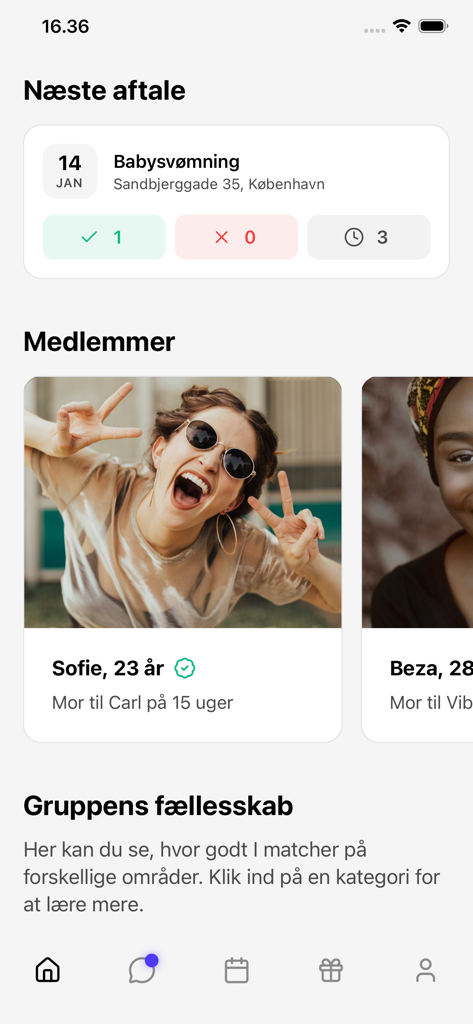 POPPY - Pantalla de la app POPPY mostrando miembros del grupo y detalles de próximas reuniones de padres