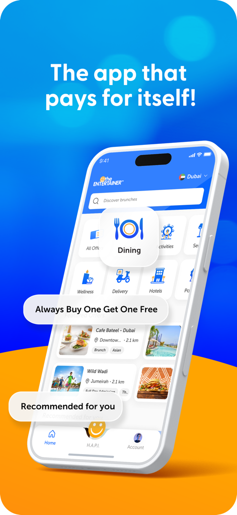 Smartphone-Bildschirm, der die ENTERTAINER-App mit Angeboten wie „Kaufe eins, erhalte eins gratis“ für Restaurants und Aktivitäten anzeigt.
