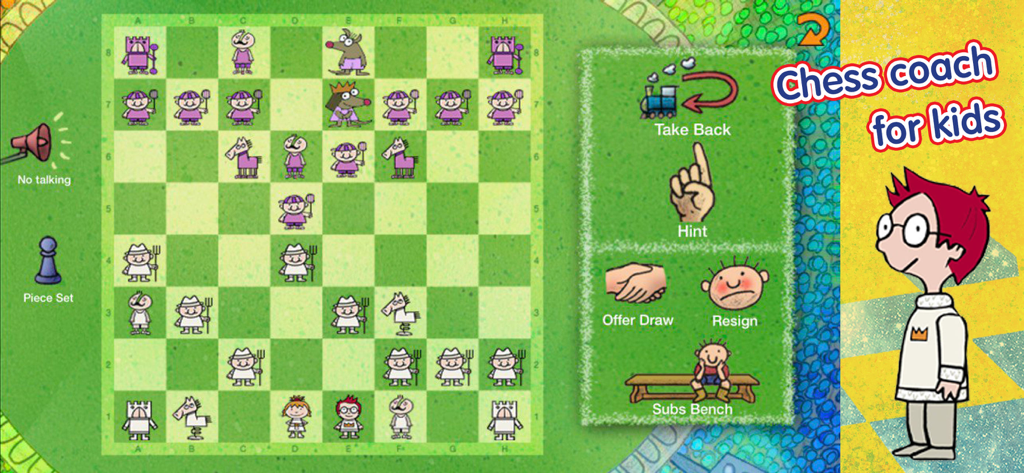 Cartoon chess board with character pieces and game coaching options for kids