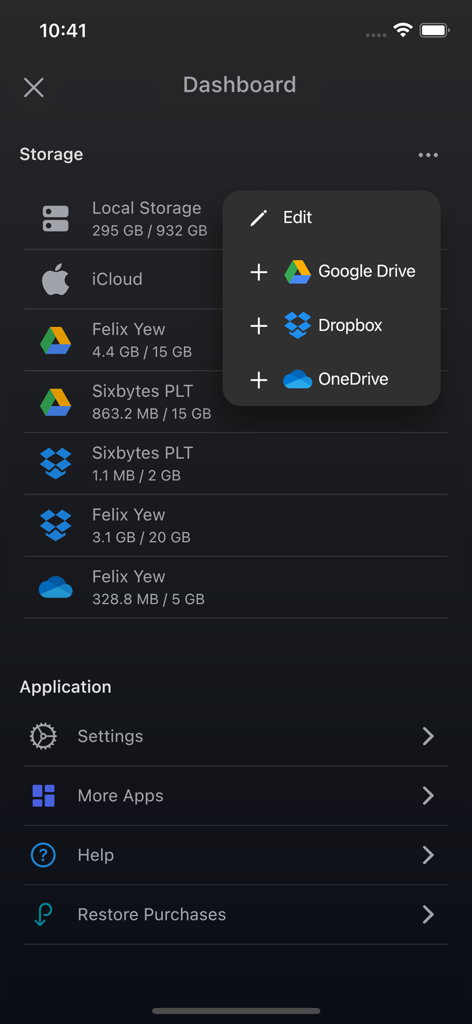 AirDisk: File Manager - AirDisk app dashboard displaying local storage status and integrated cloud services like Google Drive and Dropbox