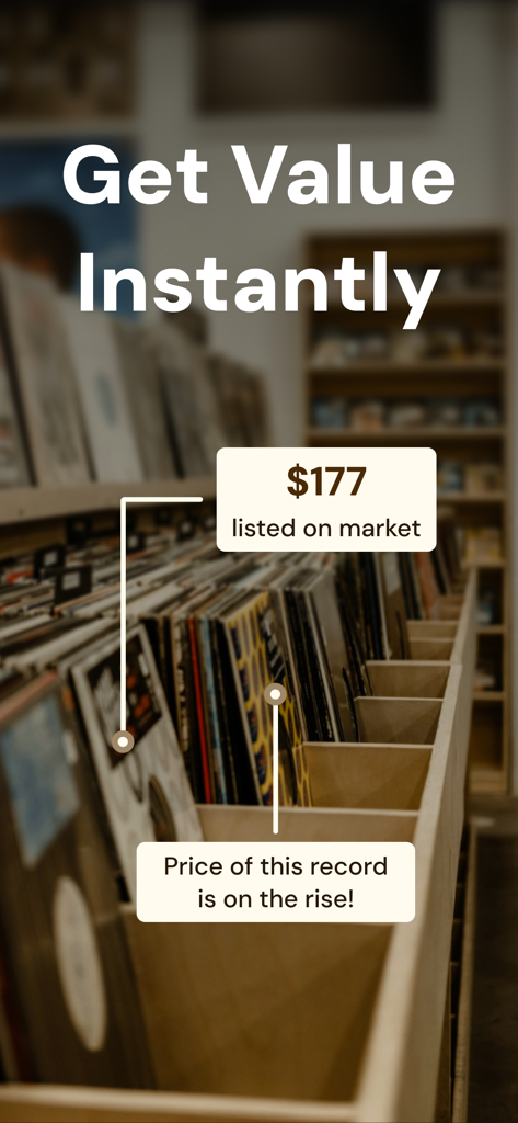 Vinyl Value: Scan & Identify - A promotional screen for Vinyl Value showing a record with a market price overlay of 177 dollars in a record store crate