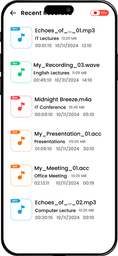 User interface of Easy Sound Recorder showing a list of recent voice recordings categorized by topic and file format.