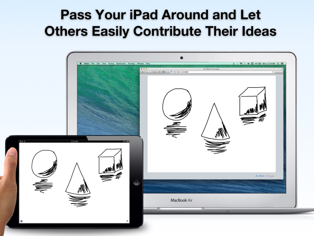 Air Sketch Free - iPad画面に幾何学的なスケッチが表示され、MacBook Airウェブブラウザにワイヤレスでミラーリングされている様子