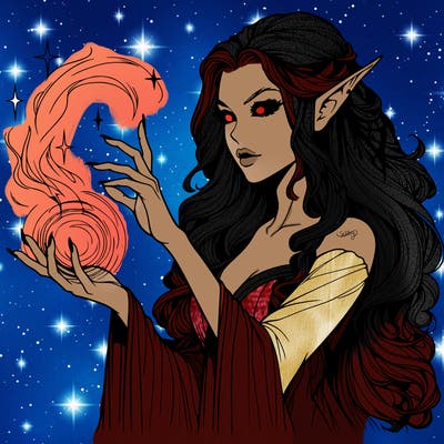 realistic scary beautiful elf sorceress casting spell