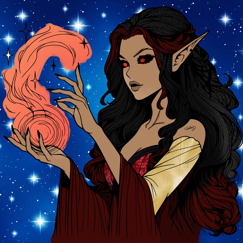 realistic scary beautiful elf sorceress casting spell
